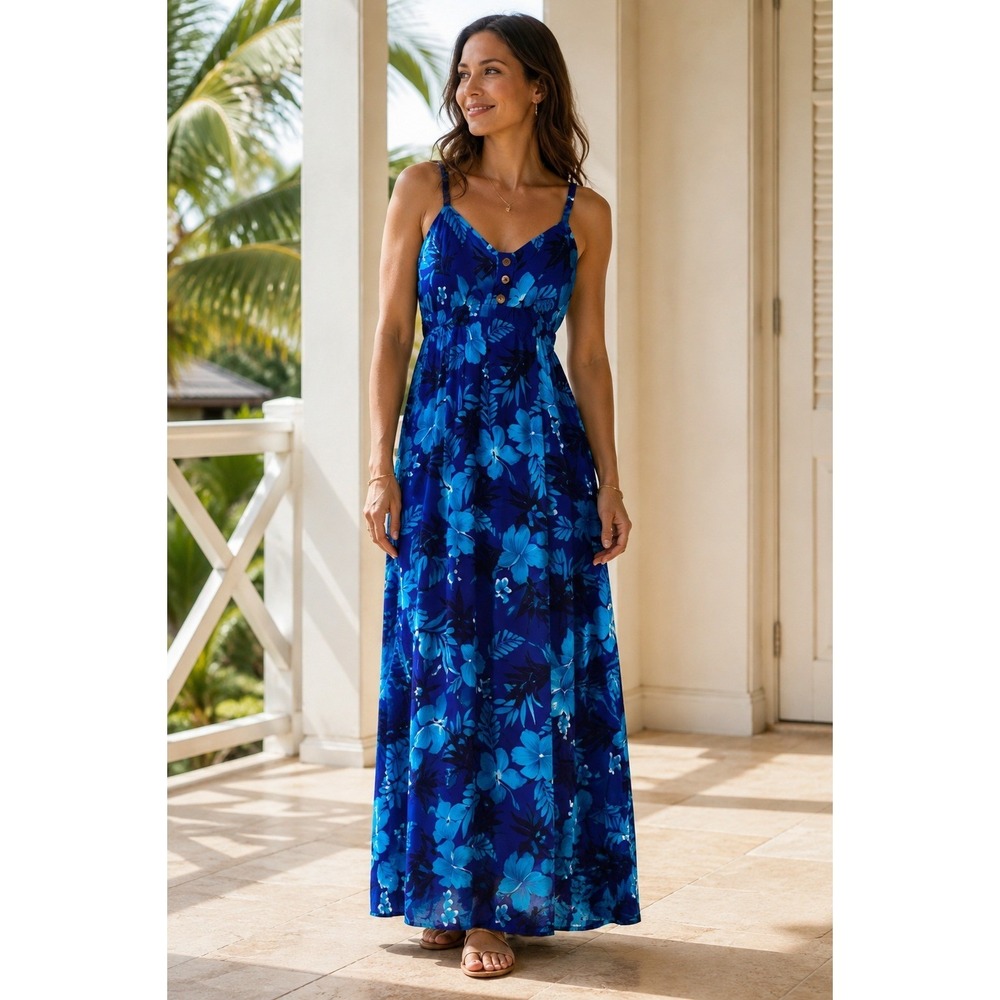 Aloha Fashion Hawaiian Blue Floral Rayon Maxi Dress One Size Smocked Back V-Neck